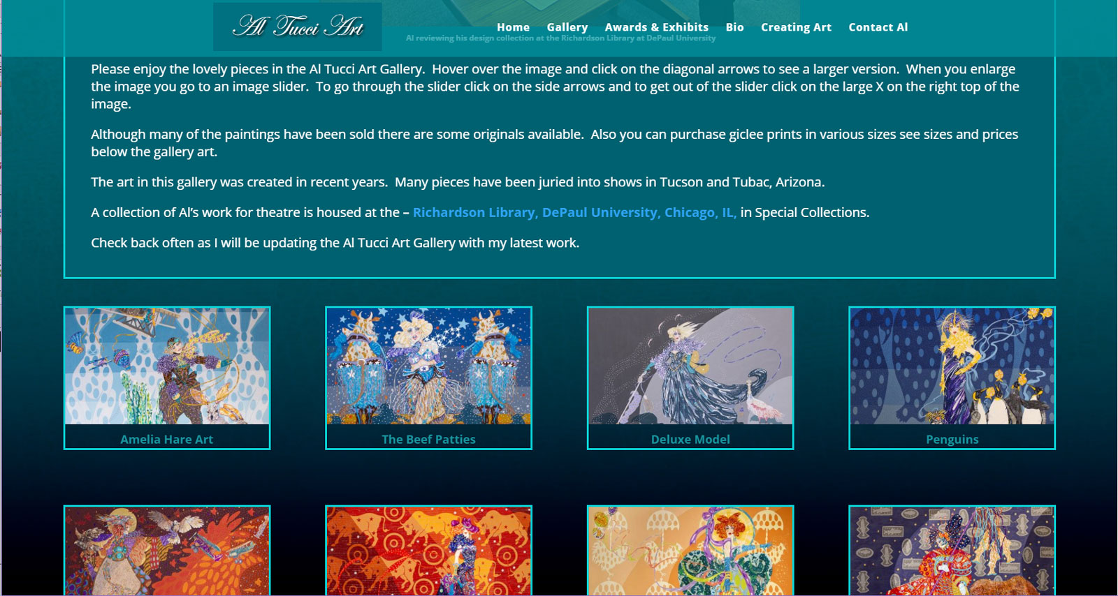 teal background with white text at the top, small rectangles with a different image in each below A screenshot of Al's new gallery page on his website
