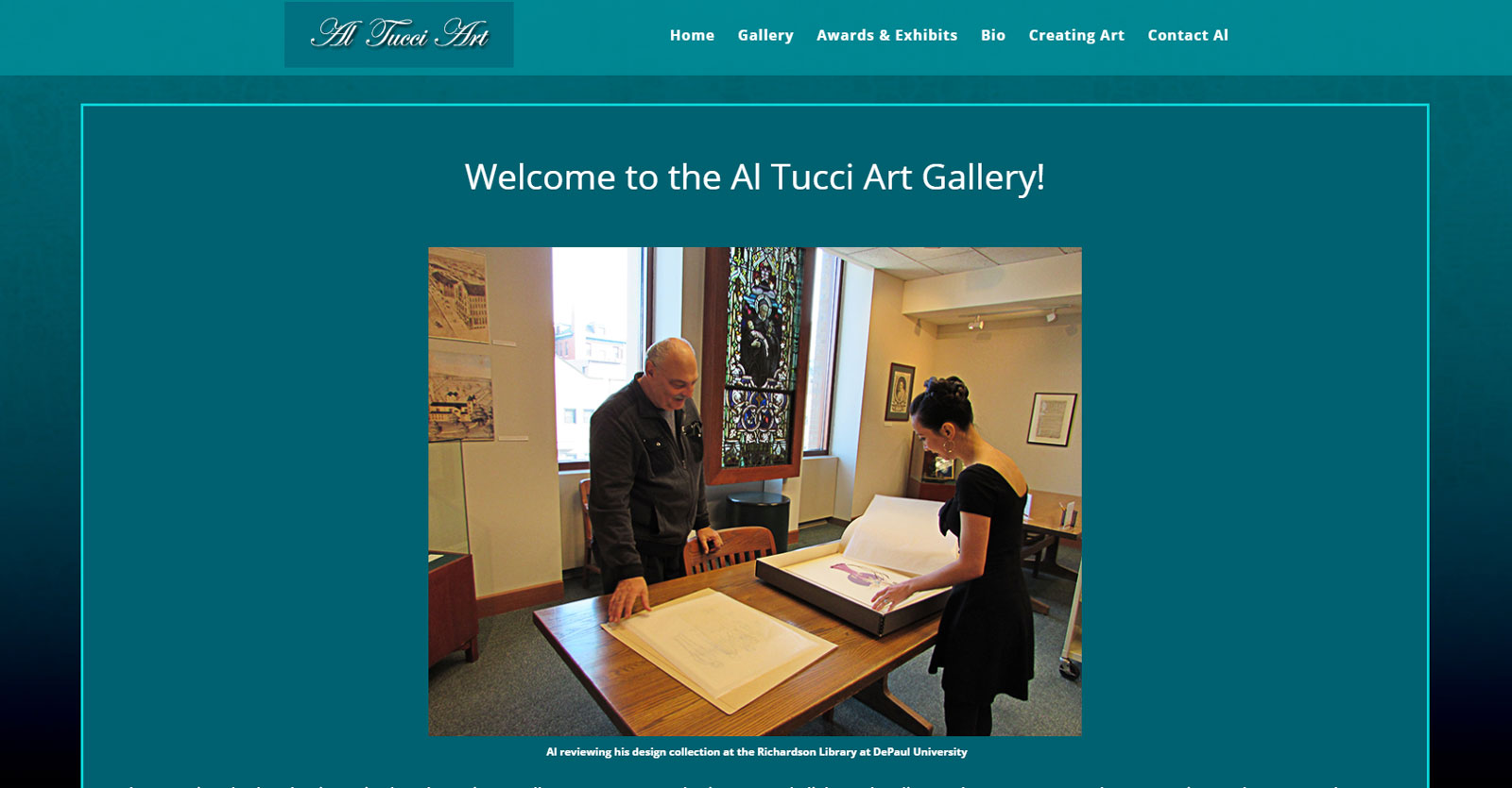 teal background, image of a man and a woman leaning over a table holding an oversize book The top of the Gallery page on Al Tucci's new website by FastWinn Web