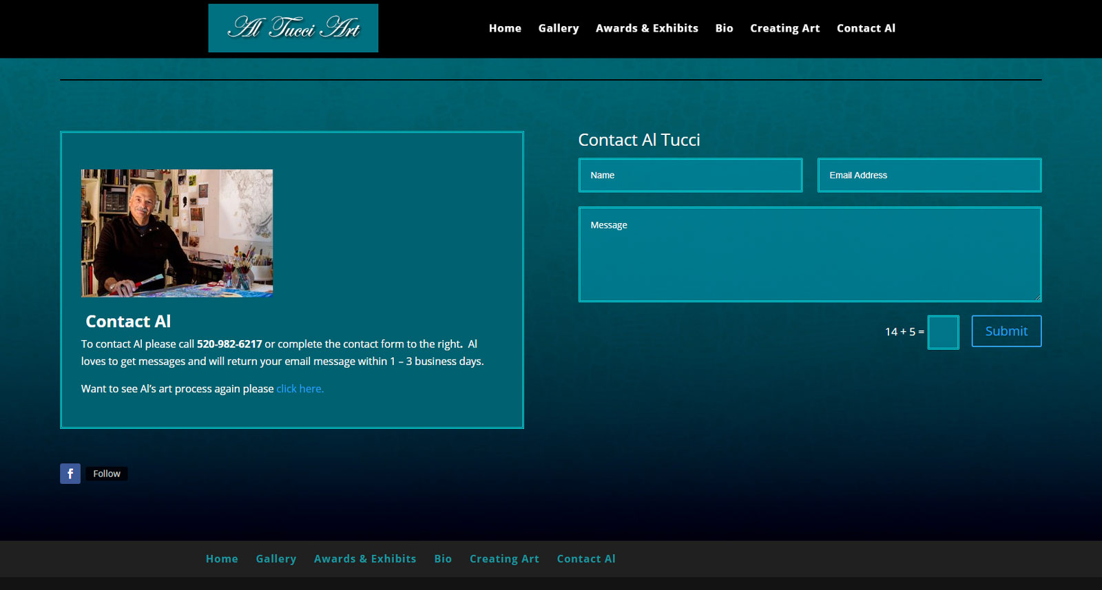 two colums with teal boxes and white text left box has a man standing at a desk Two-page website FastWinn Web built for Al Tucci