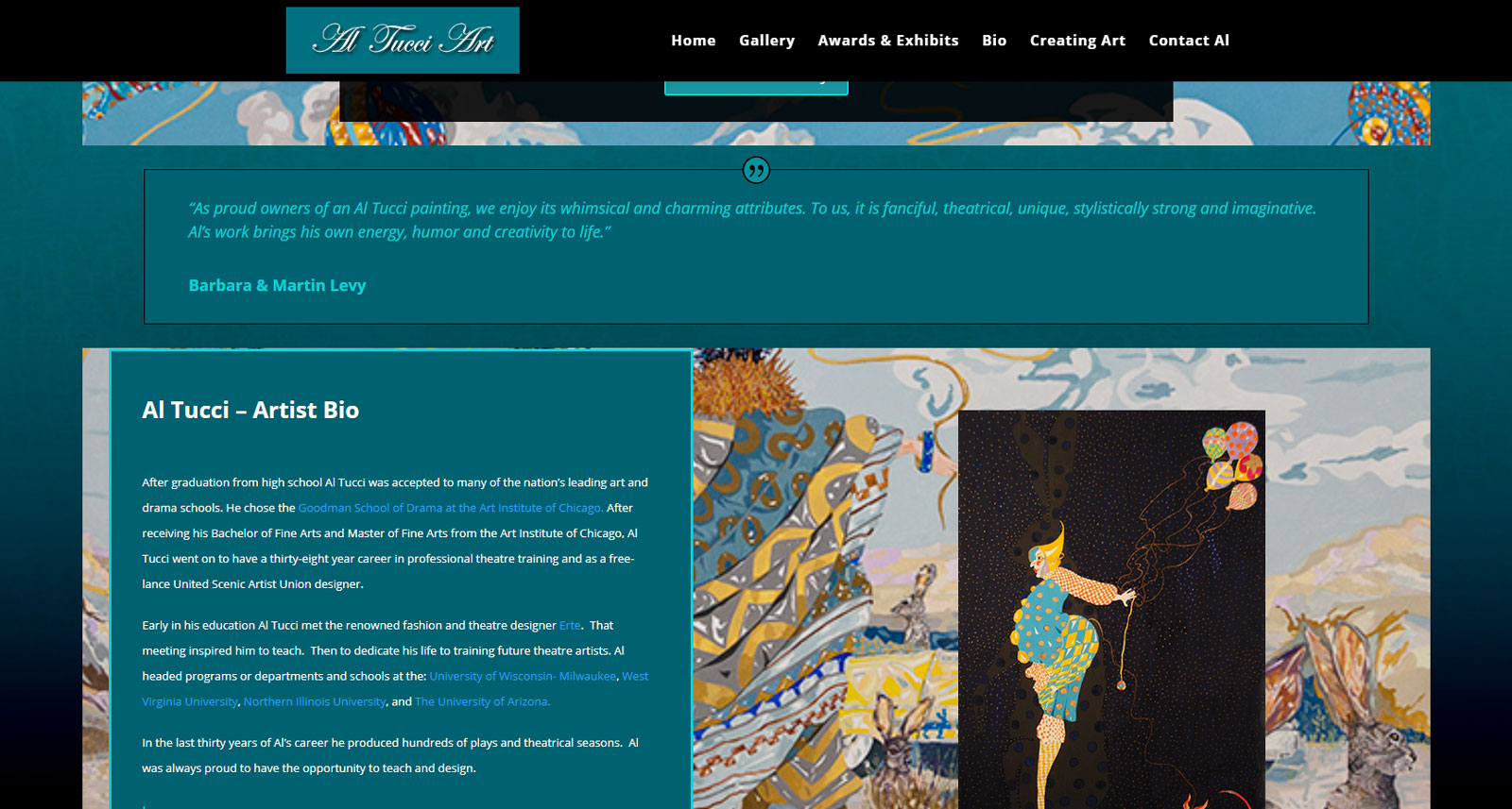 teal box with white text to left of box containing jester with bunch of balloons, art background behind them Another screenshot of FastWinn Web's gouache art website