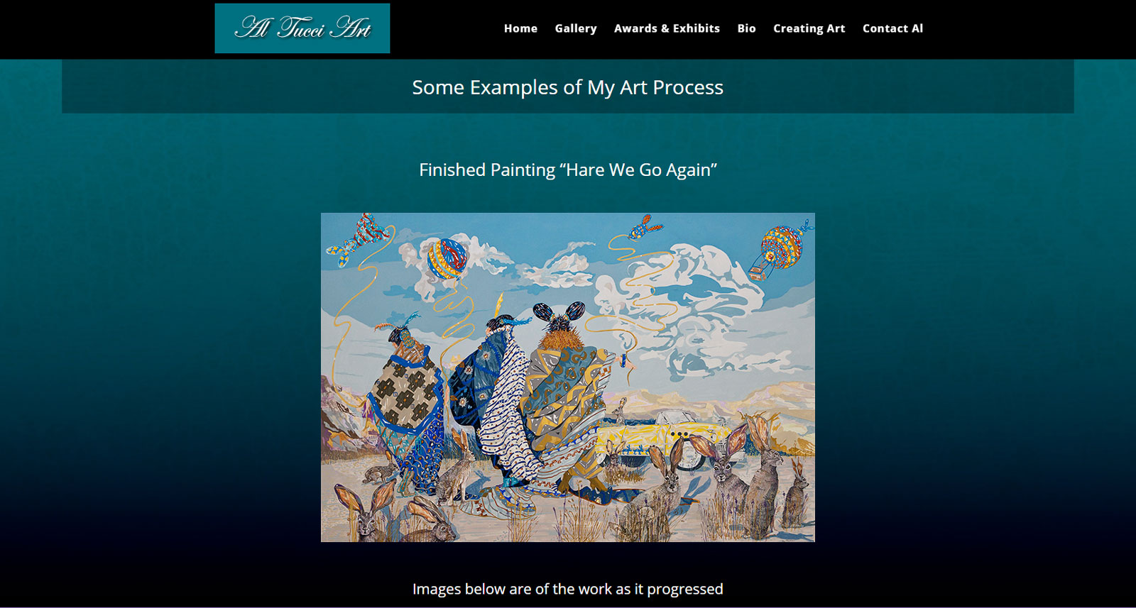 dark teal background with blanketed figures in the foreground, rabbits all over Art in progress by Al Tucci on his new website