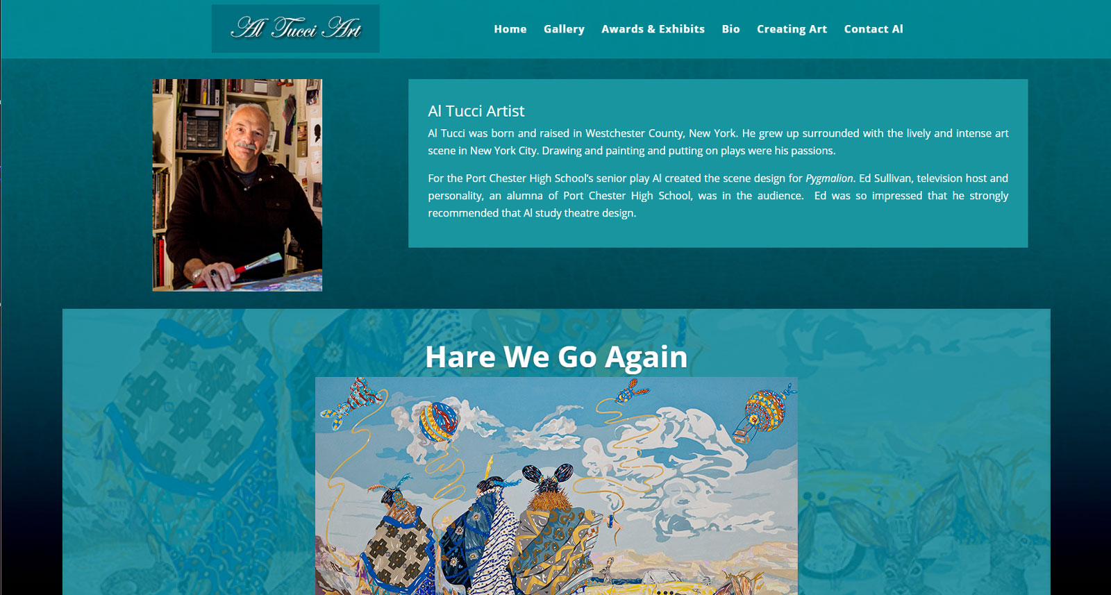 teal background and white text flank image of a man facing the camera and art below that he created Home page top screenshot of website by FastWinn Web