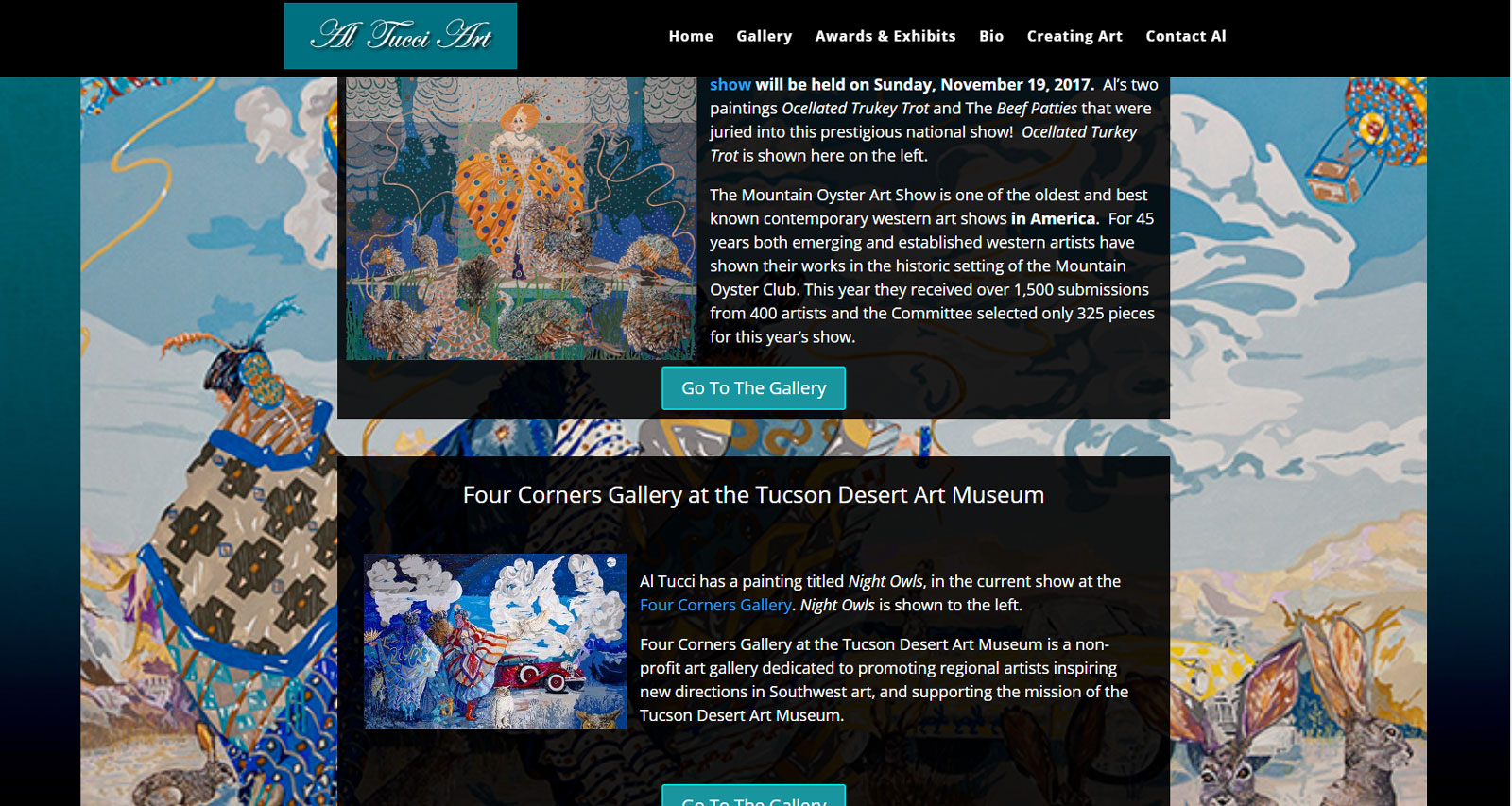 black boxes with white text and teal buttons on a background of art another segment of Al Tucci.com's homepage