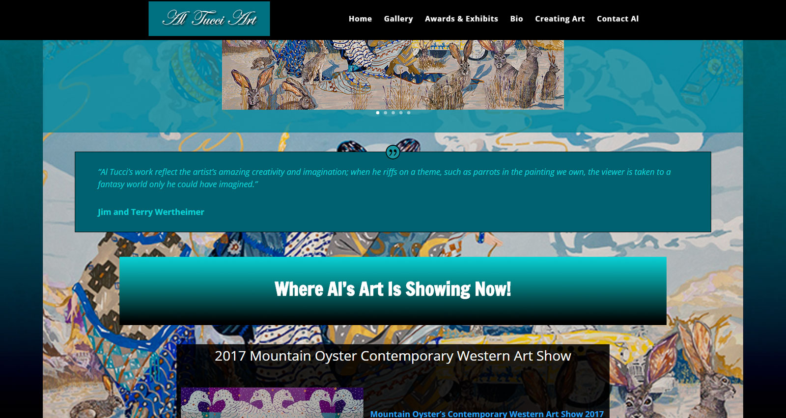 art background with teal boxes superimposed, white text This is the next third of Al Tucci's new homepage designed by FastWinn Web